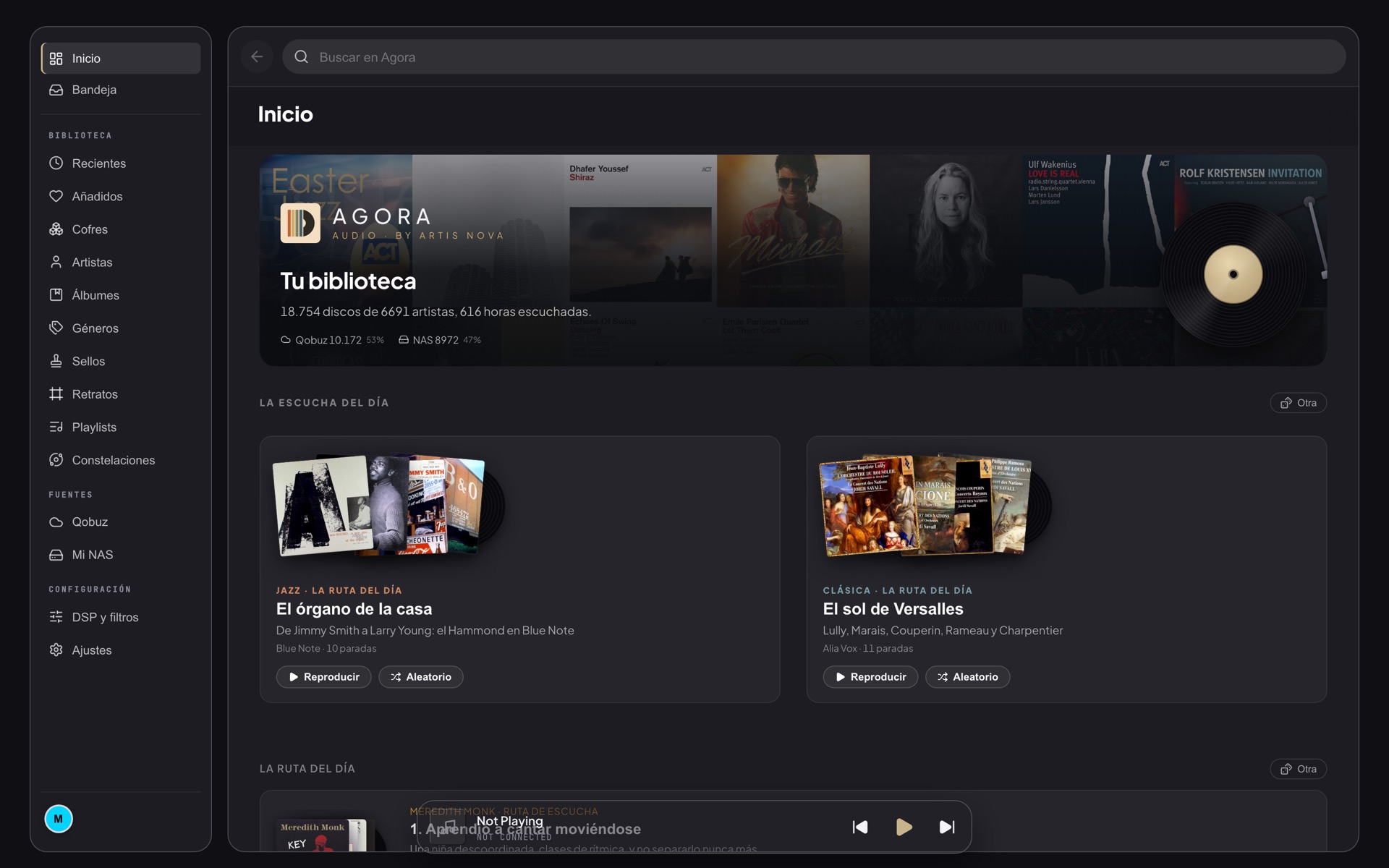 El inicio de la biblioteca de Agora: «Tu biblioteca — 18.754 discos de 6.691 artistas, 616 horas escuchadas», con el reparto Qobuz 53% / NAS 47% y la escucha del día.