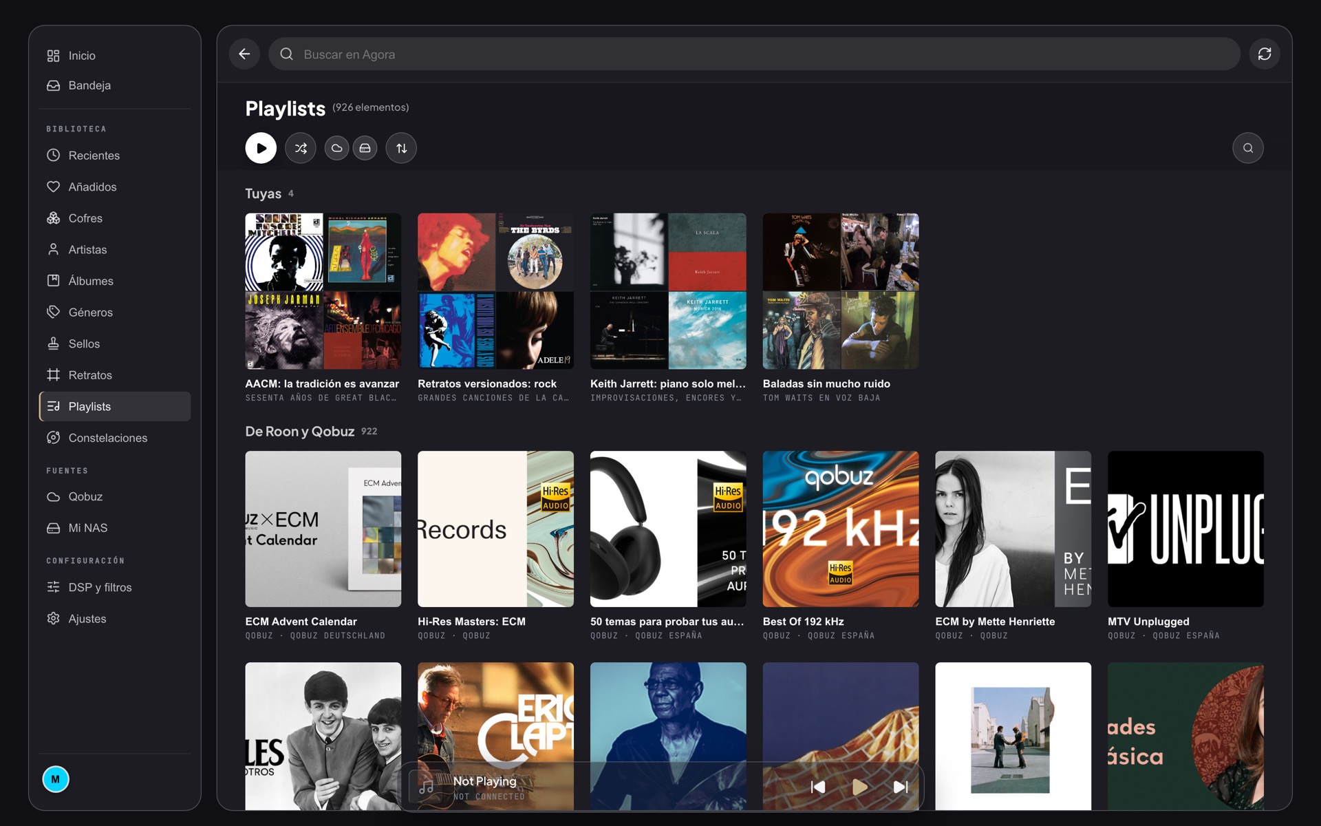 Las playlists de Agora: las editoriales de la casa —AACM, Retratos versionados, Keith Jarrett piano solo, Baladas sin mucho ruido— y las 922 importadas de Roon y Qobuz.